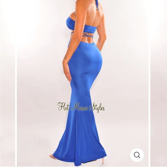 ROYAL BLUE HALTER DRAWSTRING MERMAID MAXI SKIRT TWO PIECE SET - Picture 3 of 4